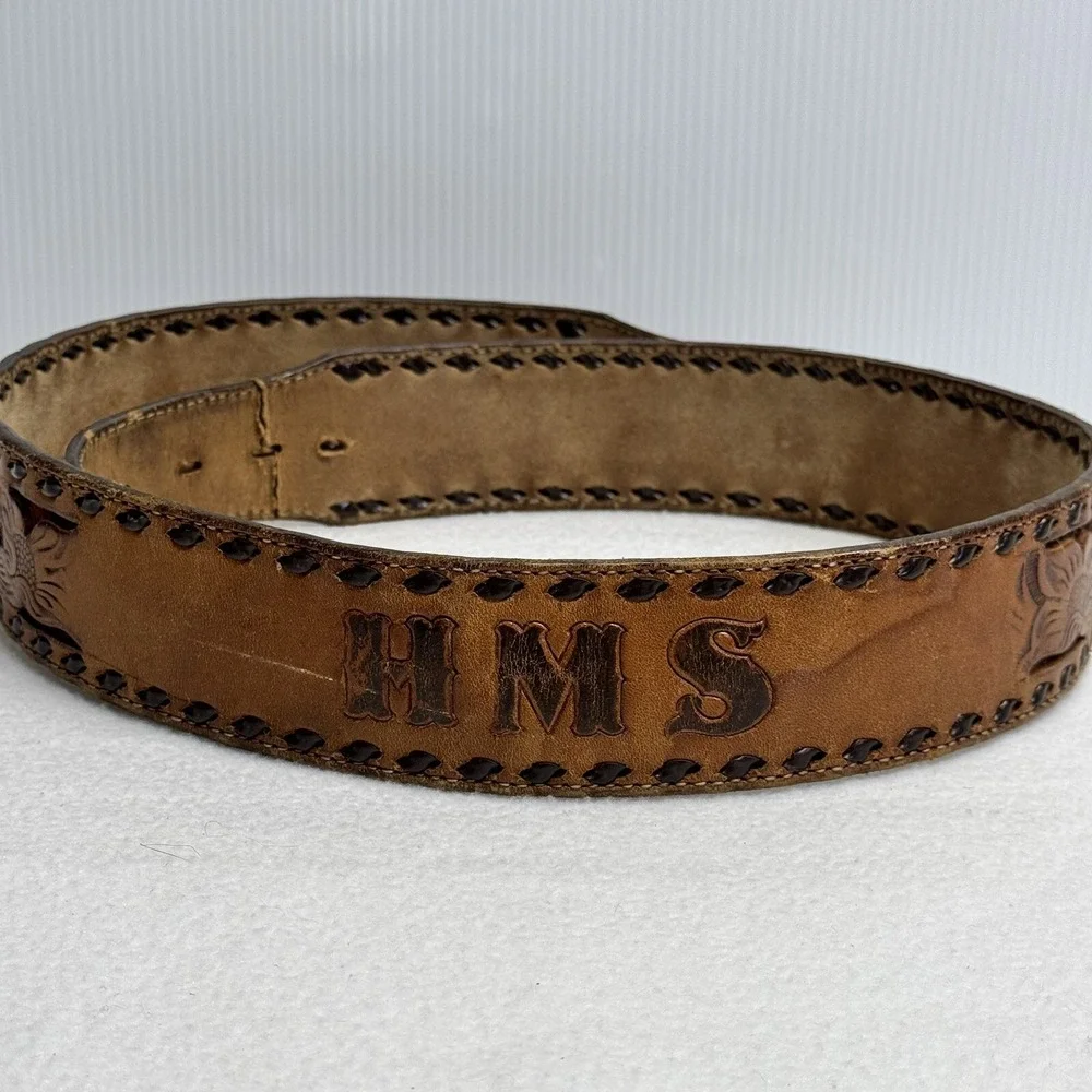 Unbranded Tooled Leather Belt Mens 42 Tan HMS Monogram Western Floral Whipstitch